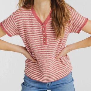 L.L.Bean Ivory Sienna Brick Striped Henley 100% Cotton Sweater Short Sleeves L